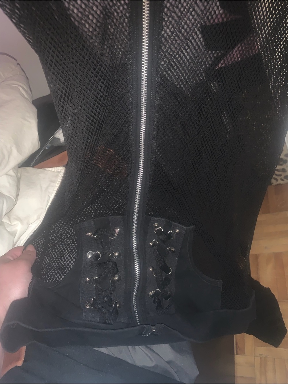Black Mesh Zip-Front Hoodie Sweatshirt - Picture 2 of 8